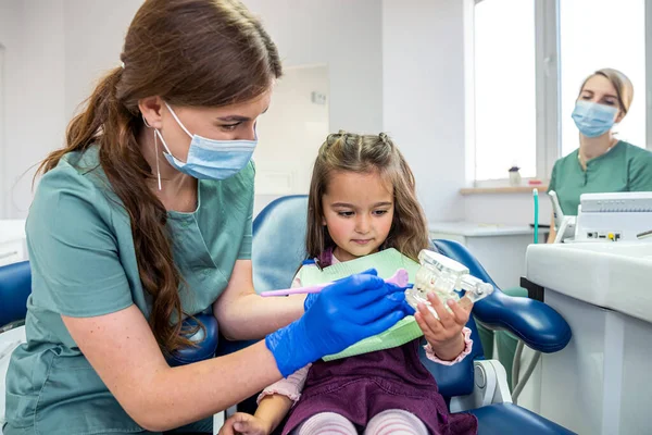 Μικρή Κόρη Στο Οδοντιατρείο Και Γυναίκα Οδοντίατρος Διαδικασία Επίδειξης Των — Φωτογραφία Αρχείου