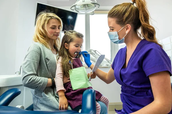 Mom and child  visit their pediatric dentist. Doctor talking with patient. Healthcare