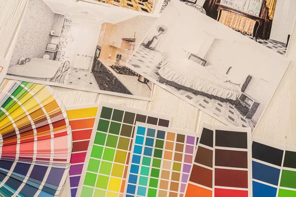 Tavolozze Colori Casa Piano Disegno Sulla Scrivania Idee Design Concetto — Foto Stock