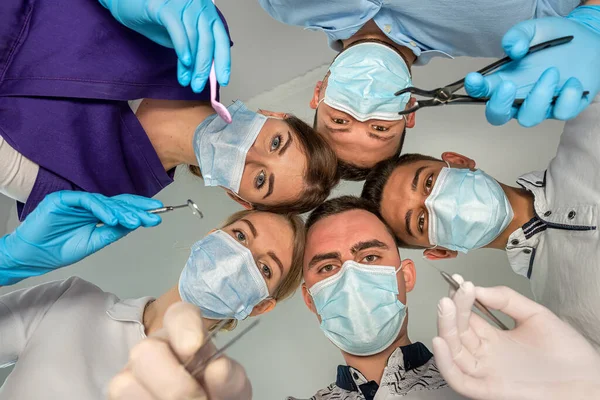 Large Group Motivated Doctors Nurses Standing Circle Joking Each Other — Stockfoto