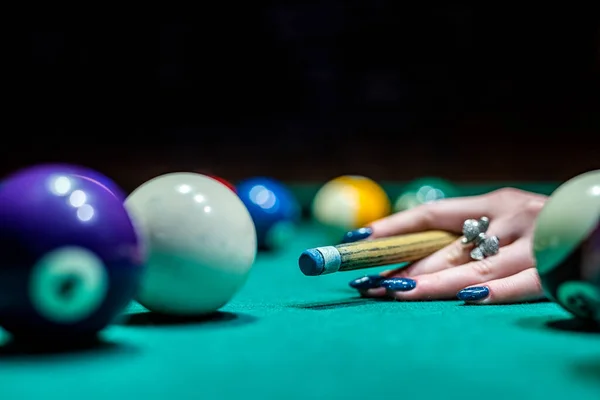 Female Hand Collects Colored Balls Playing Billiards Prepares New Game — Foto de Stock