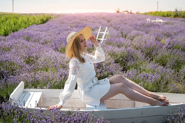Happy Young Girl Sitting Boat Lavender Field Daylights —  Fotos de Stock