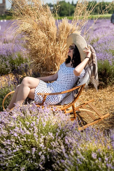 Attractive Young Woman White Fashion Dress Posing Lavender —  Fotos de Stock