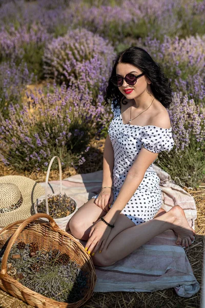 Beautiful Brunette Woman Red Lipstick Posing Lavender Field — Stock Fotó
