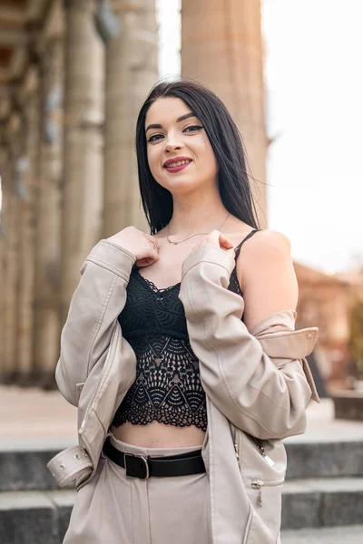 Fashionable Young Woman Wear White Leather Jacket Old Vintage House — Fotografia de Stock