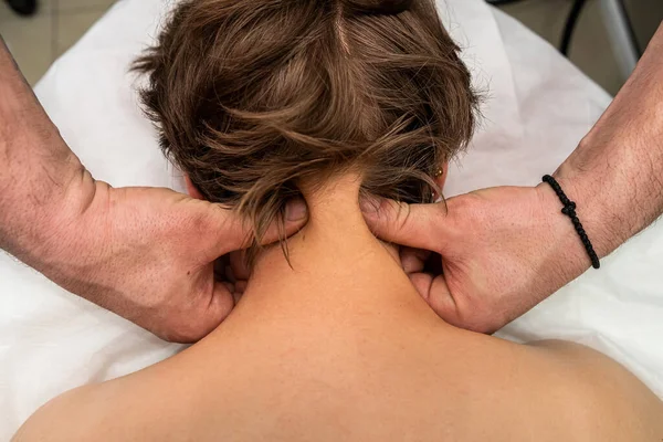 Physiotherapist Doing Neck Massage Young Beautiful Female Client Spa Salon — Stock Photo, Image
