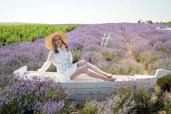 Happy Young Girl Sitting Boat Lavender Field Daylights — Stock fotografie