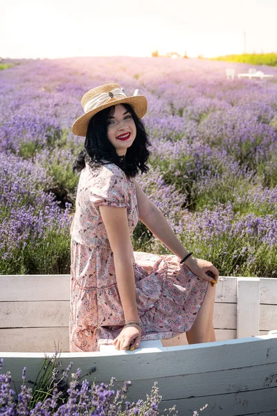 Blonde Woman Posing Decorations Situated Lavender Field —  Fotos de Stock