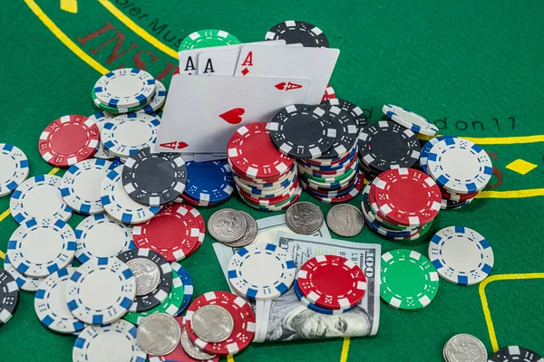 Beautiful Dollar Poker Gambling Colored Chips Cards Green Table Money — ストック写真