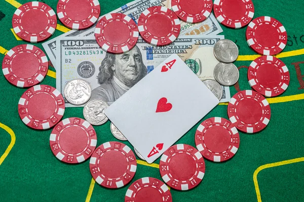 Beautiful Dollar Poker Gambling Colored Chips Cards Green Table Money — Stock fotografie