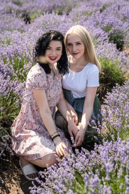 two girlfriends have a good time on a lavender field summer time