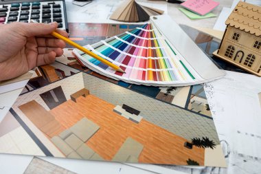 Ev dekorasyonu için çizimler ve planlar ve masa başında tamir için renk örnekleyici