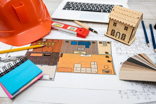 House Project Plan Work Tools Helmet Desk Industrial Concept — Stockfoto