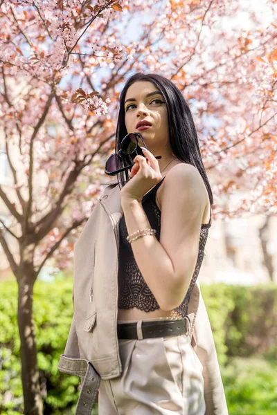 Beautiful Girl White Jaket Enjoying Nature Stand Spring Garden Blooming — Fotografia de Stock