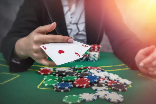 young woman bets in the casino having a winning combination. gambling