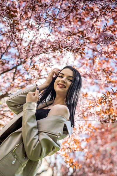 Pretty Young Woman Posing Blooming Cherry Spring Garden Perfect Day — Fotografia de Stock