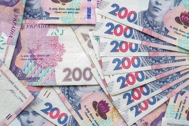 in the photo a lot of Ukrainian hryvnias scattered on the surface. Profit and income concept