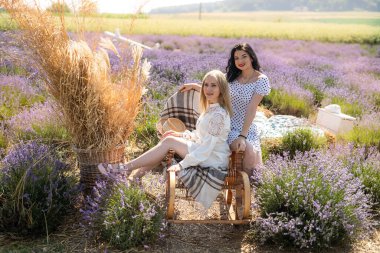 Happy sisters looking at lavender flowers in big field