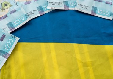 a large sum of Ukrainian hryvnias is graciously laid out on a flat table. The concept of the Ukrainian currency