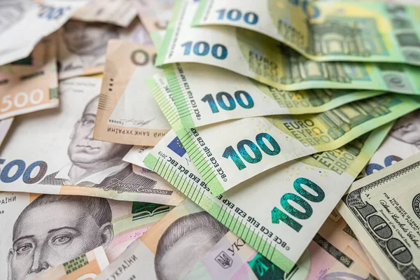 Вид Сверху Полный Комплект Гривен Банкнот Евро Концепция Валюты — стоковое фото