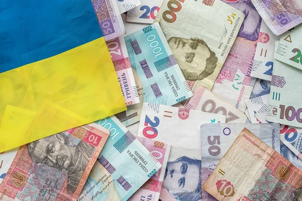 Ukrainian Hryvnia Banknotes National Flag Ukraine Concept Ukrainian Symbols — Stockfoto