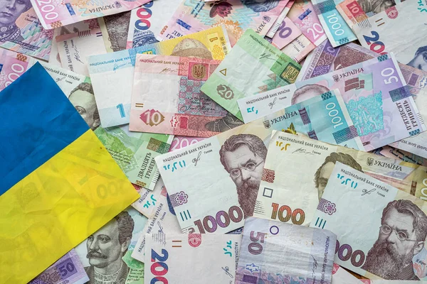 Ukrainian Hryvnia Banknotes National Flag Ukraine Concept Ukrainian Symbols — Stockfoto