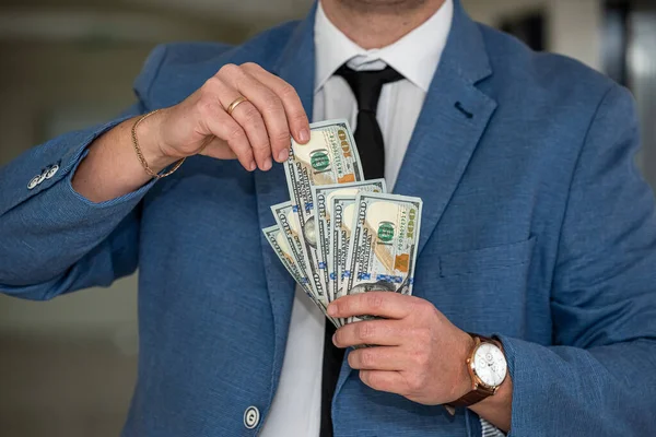 Office Man Business Suit Received Salary Dollars Which Puts His — Stockfoto