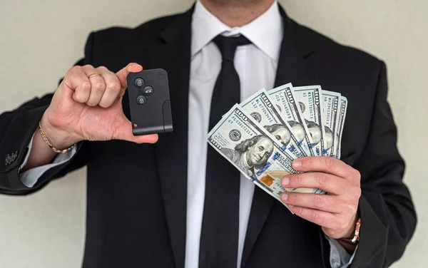 Office Man Business Suit Received Salary Dollars Which Puts His — Stok fotoğraf