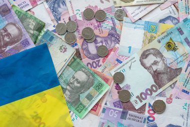 Ukrainian hryvnia banknotes on the national flag of Ukraine. The concept of Ukrainian symbols