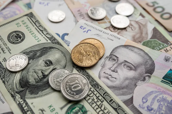 Dollar Bills Ukrainian Hryvnia Scattered Flat Surfaces Price Dollar Uah — Foto Stock