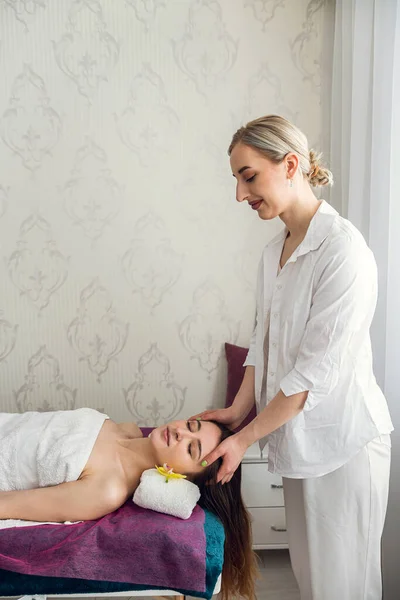 Young Woman Getting Enjoying Facial Massage Closed Eyes Beauty Salon — Photo