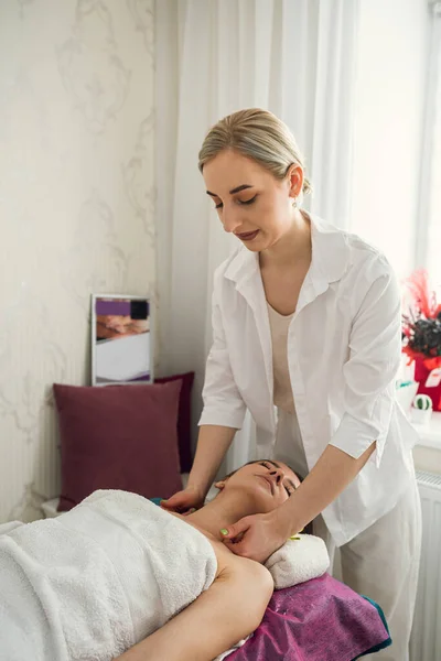 Young Woman Receive Manual Relax Massage Neck Lying Table Spa — 스톡 사진