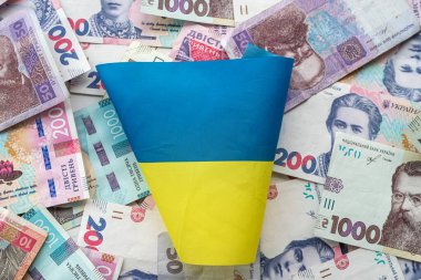 Ukrainian hryvnia banknotes on the national flag of Ukraine. The concept of Ukrainian symbols