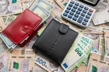 Ukrayna Papre parasıyla hesap makinesinin yanında dolar ve euro değerinde cüzdan. Yakın plan. Finansal geçmiş.