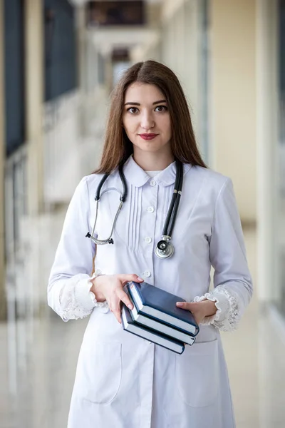 Young Nurse Blue Uniform Posing Hospital Corridor Stethoscope Magazine Concept — Zdjęcie stockowe