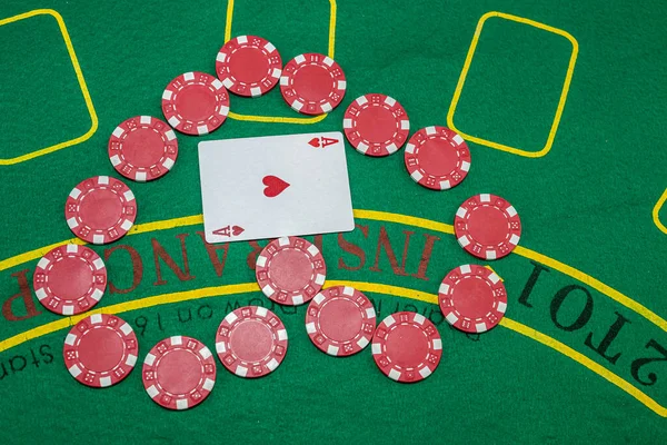 playing chips and playing cards spread for all players to play. close up view poker. Gambling. games for the company