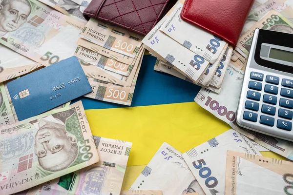 Ukraine National Flag Uah Paper Money Wallet Credit Card Calculator — стокове фото