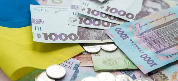 Oekraïense Geld Papier Facturen Met Hcoin Nationale Vlag Top View — Stockfoto