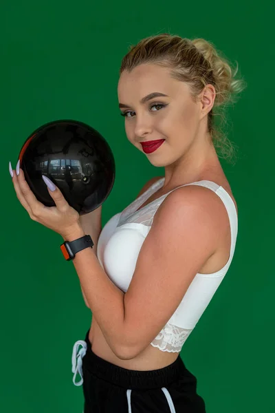 Athlete Girl Blonde Thin Holds Ball Sports Background Concept Girl — Stockfoto