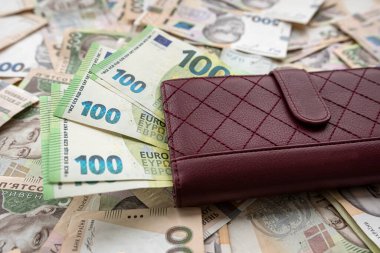 Ukrayna parasına yatırılmış Avro banknotlarıyla dolu deri puse. Hryvnia, takas kavramı. savinge ya da maaş