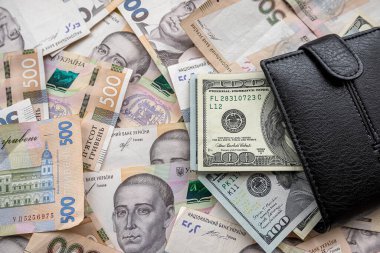 us dollar to uah gryvna bills with purse, exchange. rich and saving concept