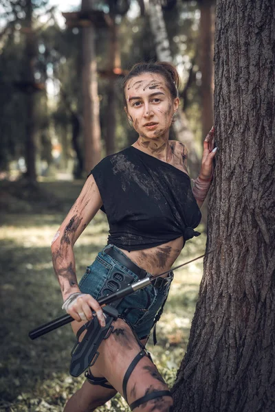 Portrait Young Girl Torn Clothes Holding Knife Machete Posing Woods — 스톡 사진