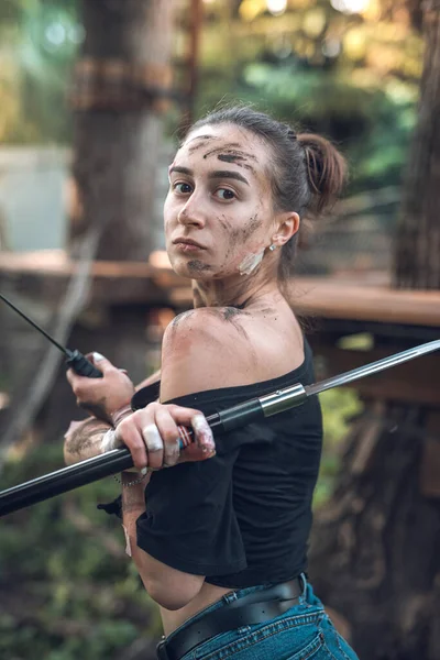 Female Huntress Holding Sharp Knife Waiting Her Prey Forest Lifestyle — стоковое фото