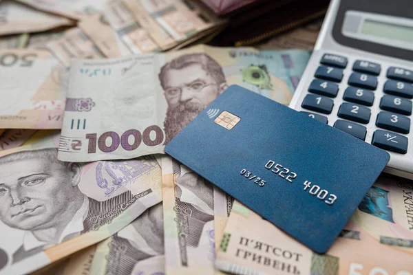 New 500 Ukrainian Money Hryvnia Uah Calculator Credit Card Financial — стоковое фото