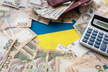 Ukrainian hryvnias bills with purse calculator. Money of Ukraine. UAH hrn. payment