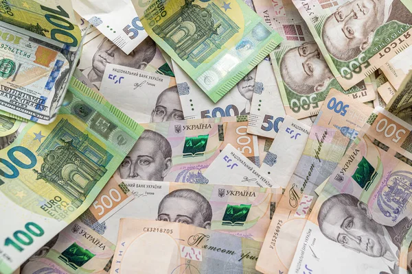 Set Hryvnia Dollar Euro Banknotes Business Background Money Saving Concept — ストック写真