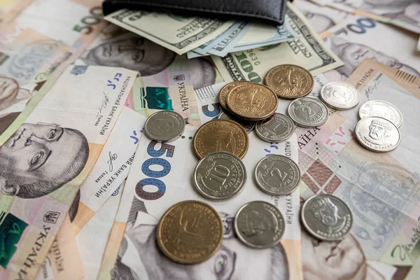 Ukraine Money Hryvnia Dollar Bills Purse Desk Exchange Concept — ストック写真