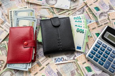 Ukrayna Papre parasıyla hesap makinesinin yanında dolar ve euro değerinde cüzdan. Yakın plan. Finansal geçmiş.