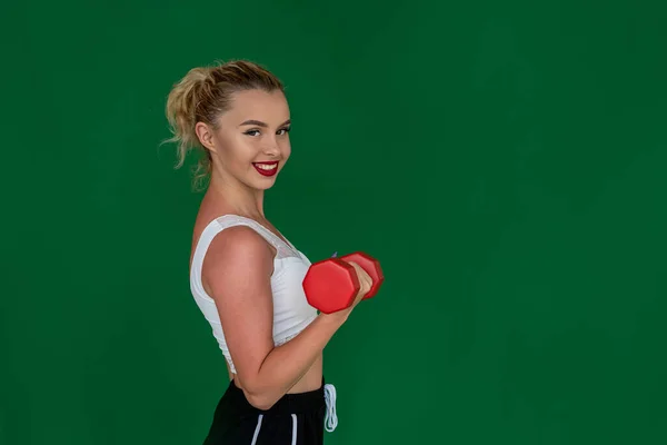 Athletic Beauty Pumped Body Demonstrates Which Dumbbells She Prefers Training — Stock Photo, Image