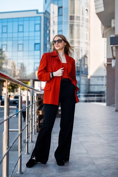 Portrait of a business stylish strong business woman with a handbag heading to work in a large office. walks around the city. Portrait of a woman. Business lady. business style